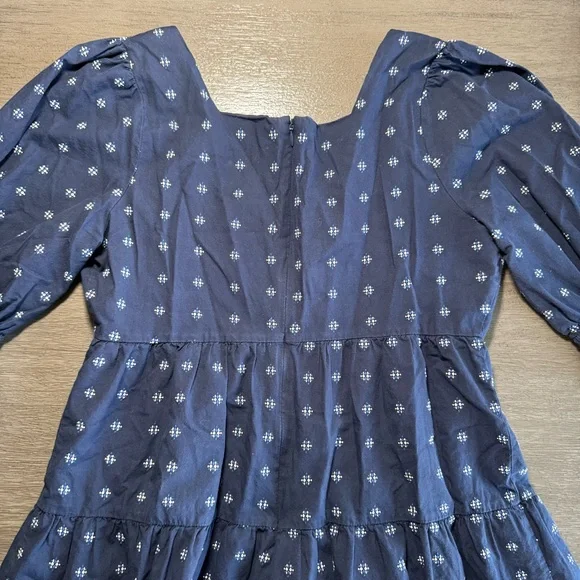 Madewell Square-Neck Puff-Sleeve Babydoll Dress Navy White 4 - Picture 6 of 12